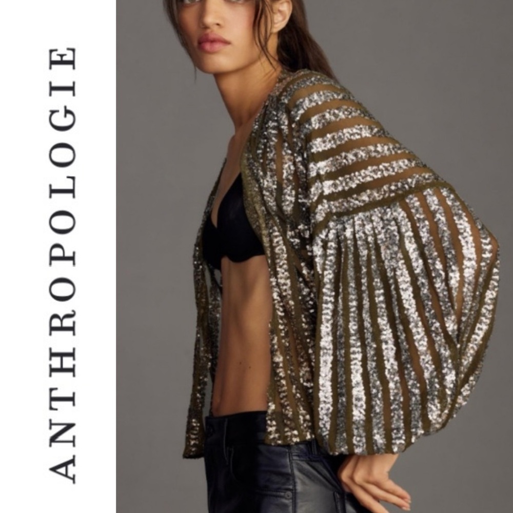 Anthropologie Olive Green and Silver Sequin Kimono Jacket